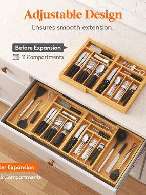 Lifewit Large Silverware Drawer Organizer | Expandable Bamboo Utensil Tray | 13